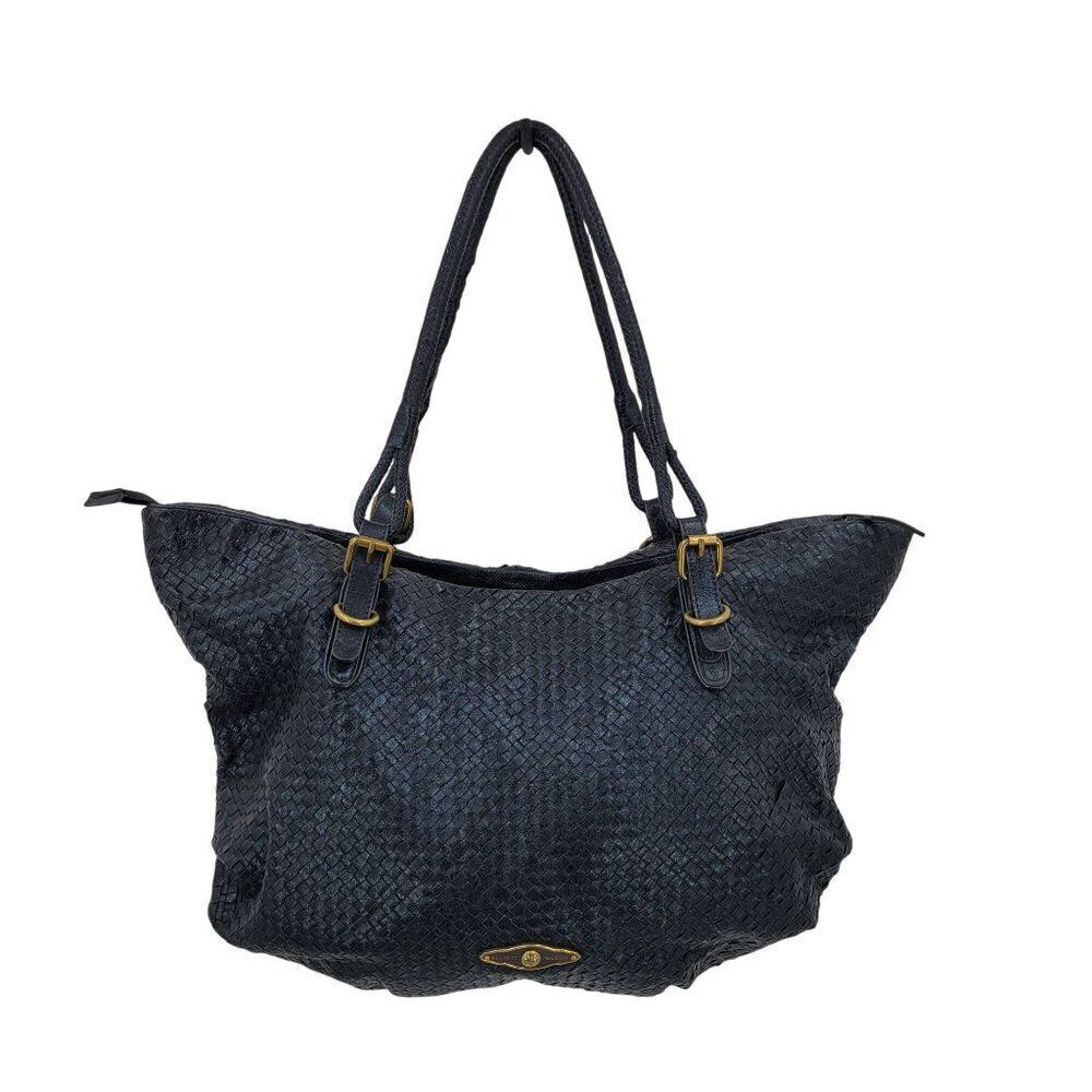 Elliott Lucca Black Basket Woven Leather Shoulder Bag Dual Handles Zip Closer